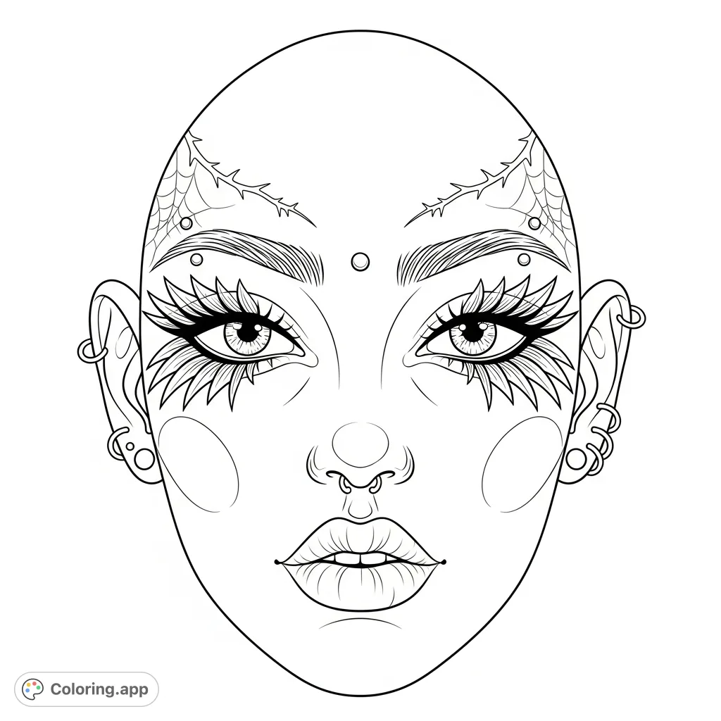 Explore gothic punk style with this detailed face chart coloring page. Features a diverse round oval face, dramatic eye makeup outlines, and bold lips for creative expression.