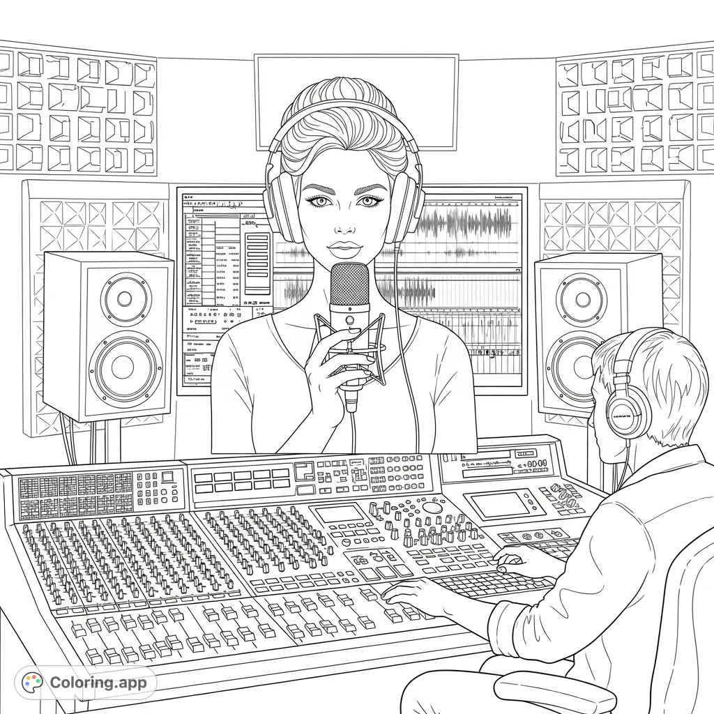 Color a dynamic recording studio scene featuring a singer in headphones and an engineer at a detailed mixing board, amidst speakers and audio gear. Perfect for music lovers!
