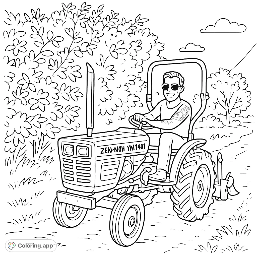 A detailed coloring page featuring a man smiling while driving a compact tractor in a rural setting, perfect for farm machinery enthusiasts.