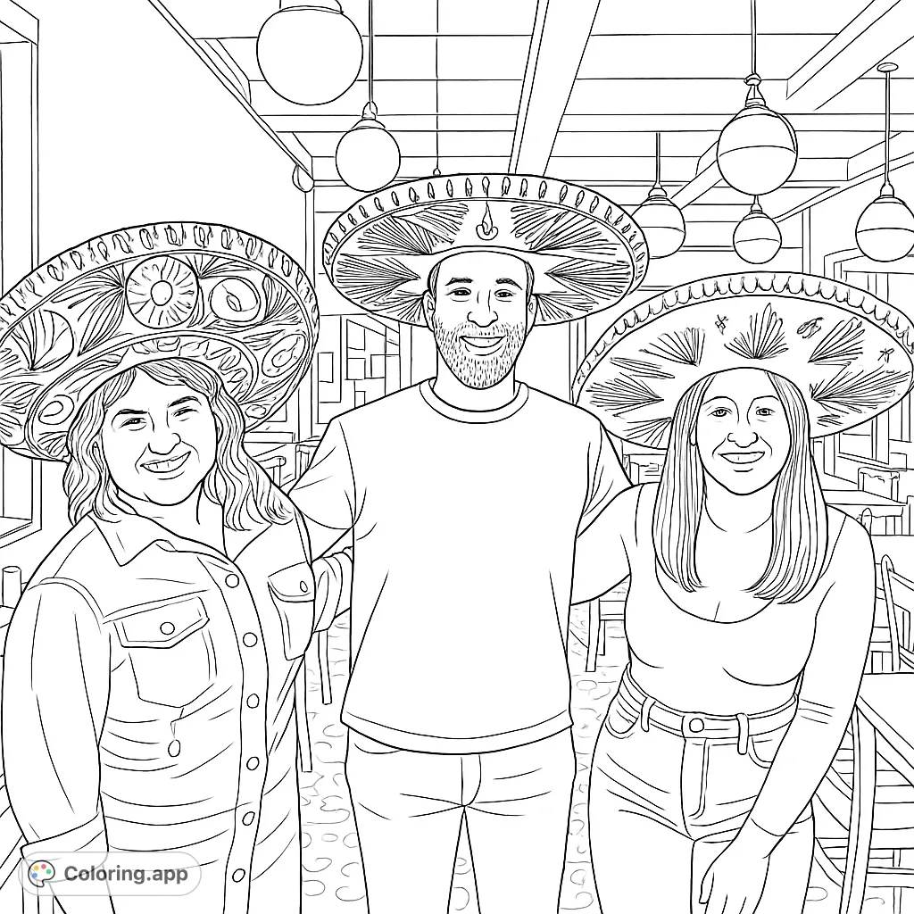 Three cheerful individuals wear elaborate sombreros in a lively indoor setting, ready for a festive celebration. Perfect for a fun, cultural coloring experience.