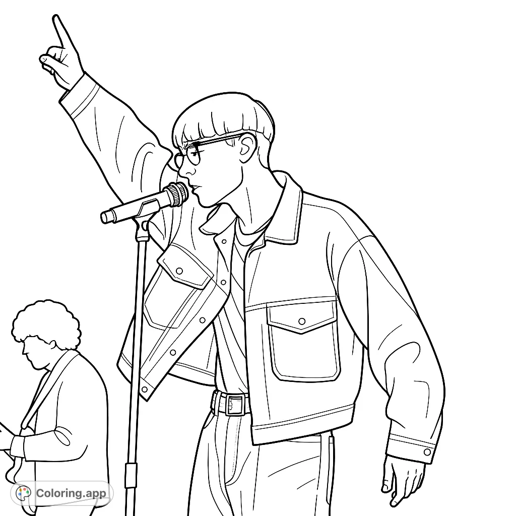 Capture the dynamic energy of a performer on stage, mid-song, with arm raised and microphone ready. A vibrant scene for music lovers.