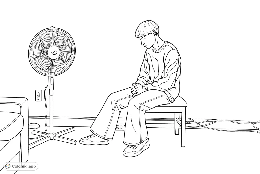 A thoughtful youth sits beside a fan, wearing a patterned sweater and jeans. This introspective scene offers a unique canvas for creative expression.