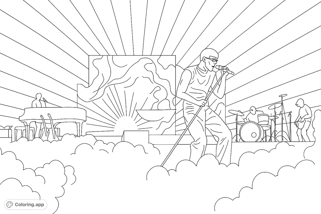 Immerse yourself in a dynamic concert stage performance featuring a lead vocalist, grand piano, and drum set amidst abstract visuals and dramatic light rays.