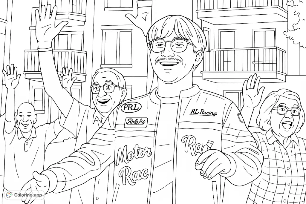 Capture the vibrant energy of a community gathering with a cheerful performer and an excited crowd. A delightful scene for all ages to color.