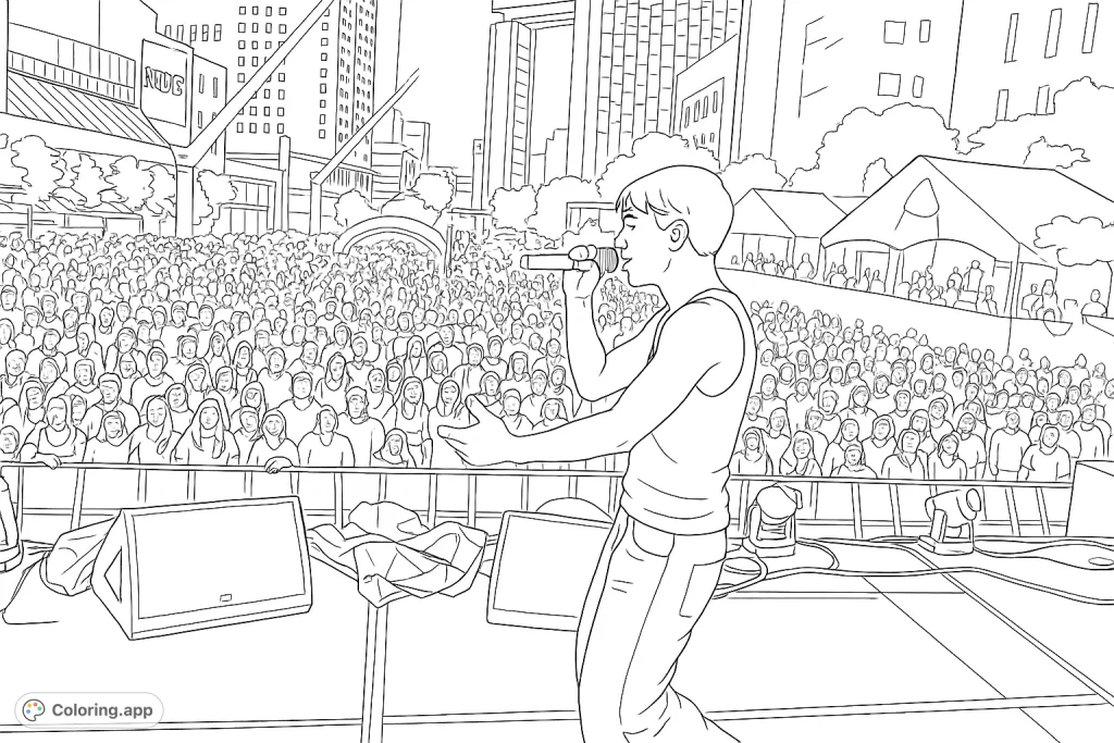A dynamic concert scene featuring a performer on stage before a massive crowd and city skyline. Capture the energy of a live music event.
