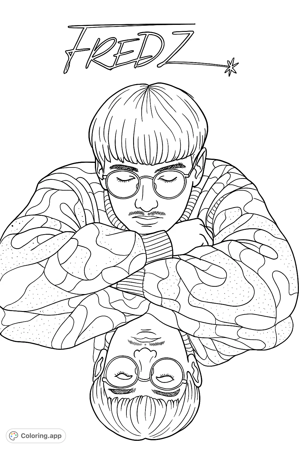 A captivating portrait of a young individual with a unique haircut and glasses, reflected on a surface. Features a patterned sweater and stylized 'FREDZ' text.
