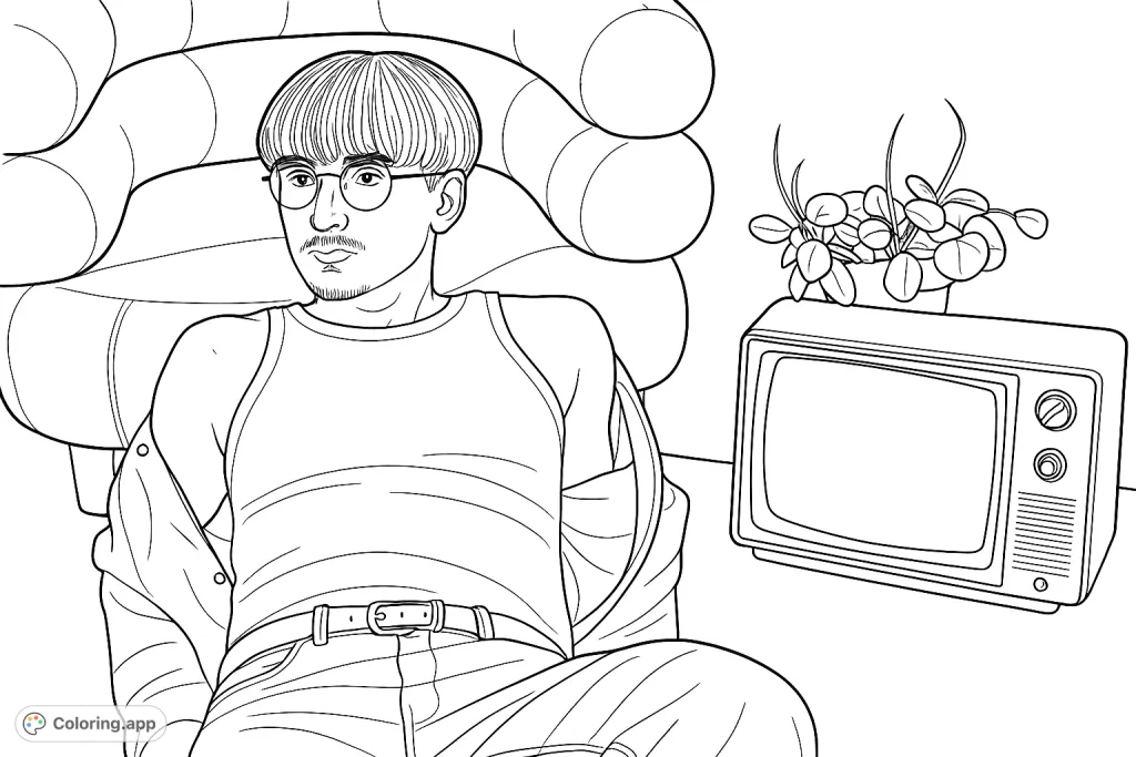 A stylish man relaxes on a textured floor next to a vintage television and plant. Dive into a nostalgic retro lifestyle coloring page.