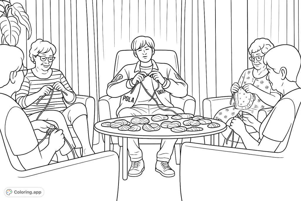 Join a heartwarming intergenerational crafting circle. A young person and elders knit and crochet together, surrounded by their handmade creations.