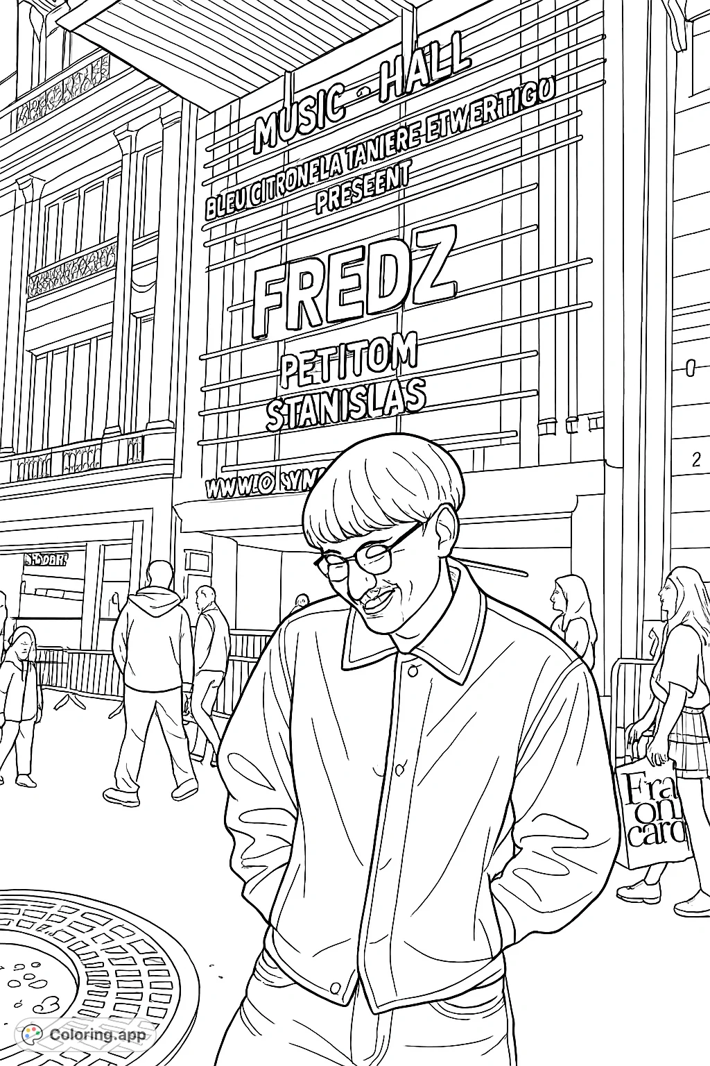 Capture an energetic urban scene featuring a smiling figure in front of a historic music hall, surrounded by city life and detailed architecture. Perfect for city lovers.