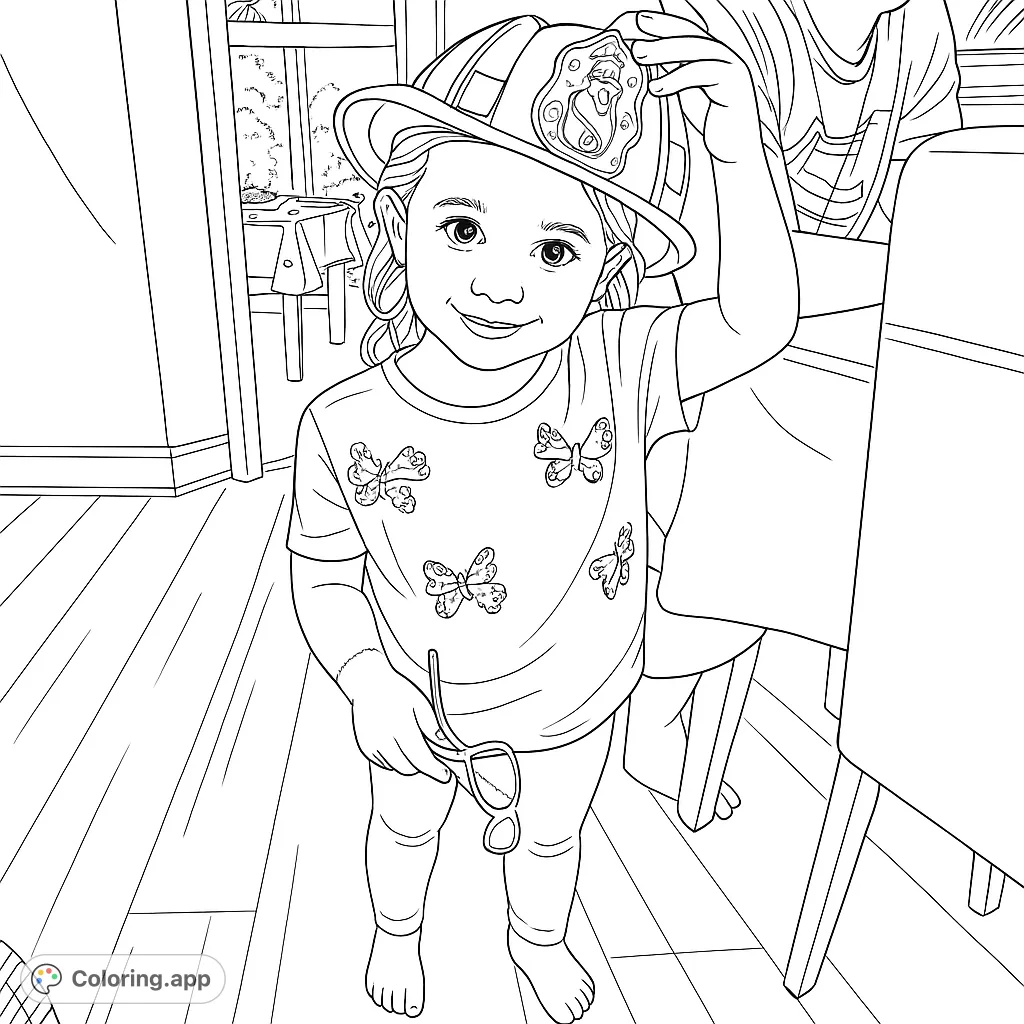 A delightful coloring page featuring a smiling child proudly wearing a firefighter helmet, ready for adventure. Perfect for aspiring heroes and creative fun.