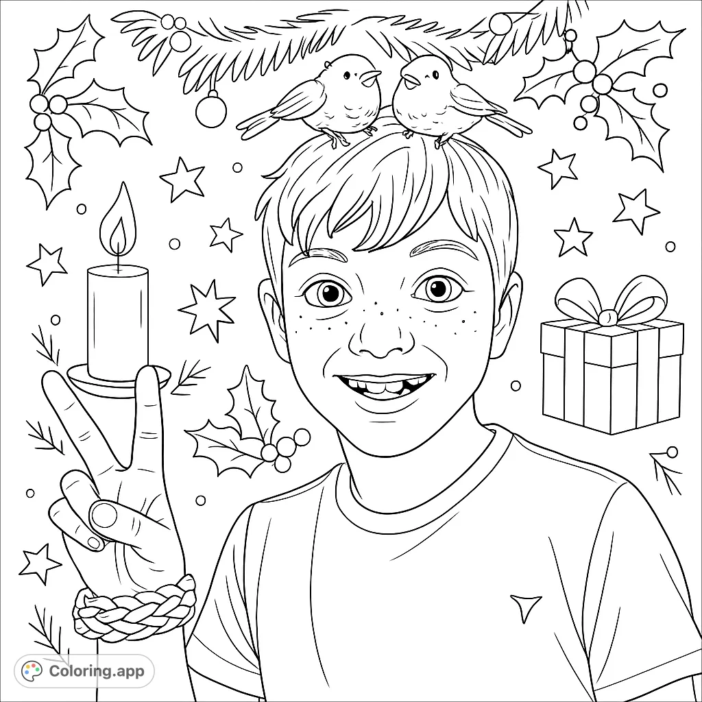 A joyful boy sporting two whimsical birds on his head and a peace sign. A delightful coloring page for creative expression and family fun.
