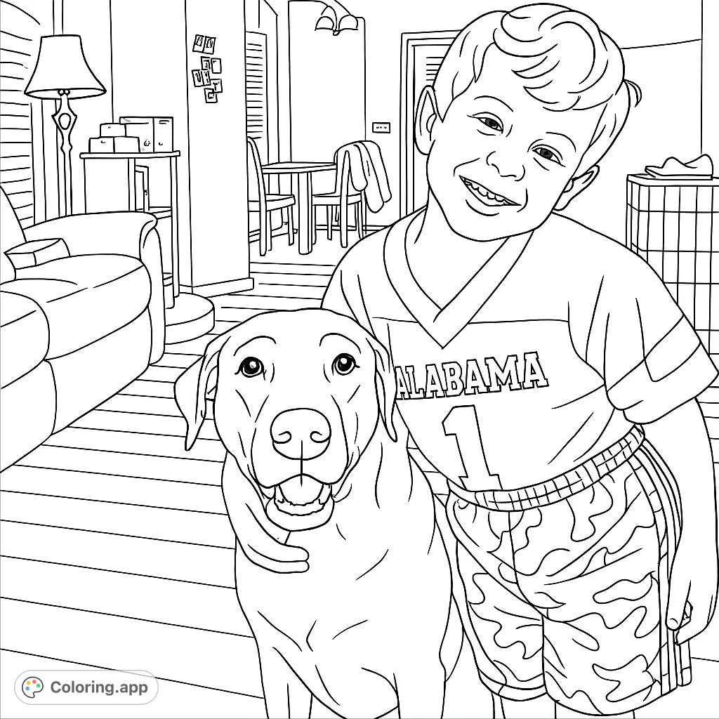 Capture the heartwarming bond between a smiling boy in a jersey and his loyal dog. A delightful scene for all ages.