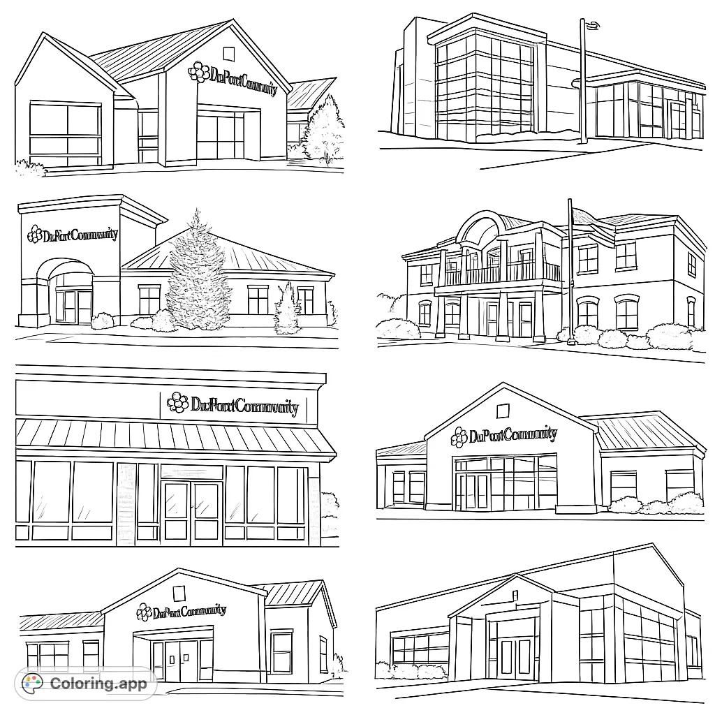 Explore eight unique architectural designs of modern financial institutions, featuring diverse facades, grand entrances, and landscaped surroundings for detailed coloring.