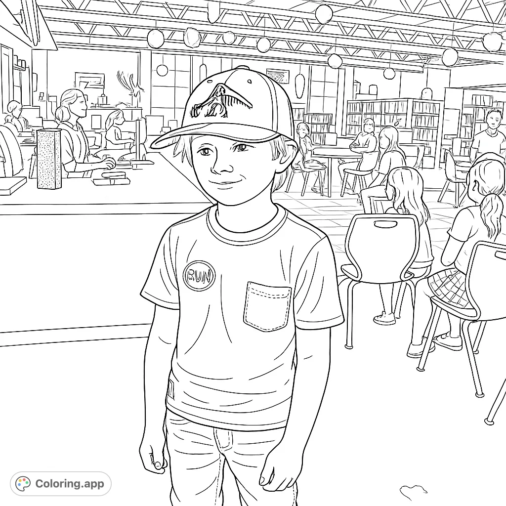 Color a lively classroom scene featuring a smiling boy in a cap amidst bookshelves, students, and playful hanging decorations.
