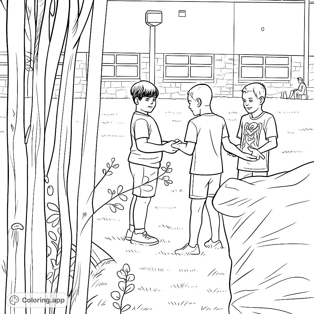 Explore a scene of three boys engaged in an outdoor activity on a grassy field with a school building in the background. Perfect for young colorists!