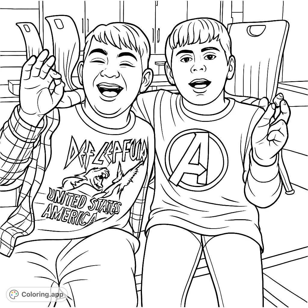 Capture the infectious joy of two friends with their intriguing finds! This fun kids coloring page features happy expressions and unique objects, perfect for imaginative coloring.
