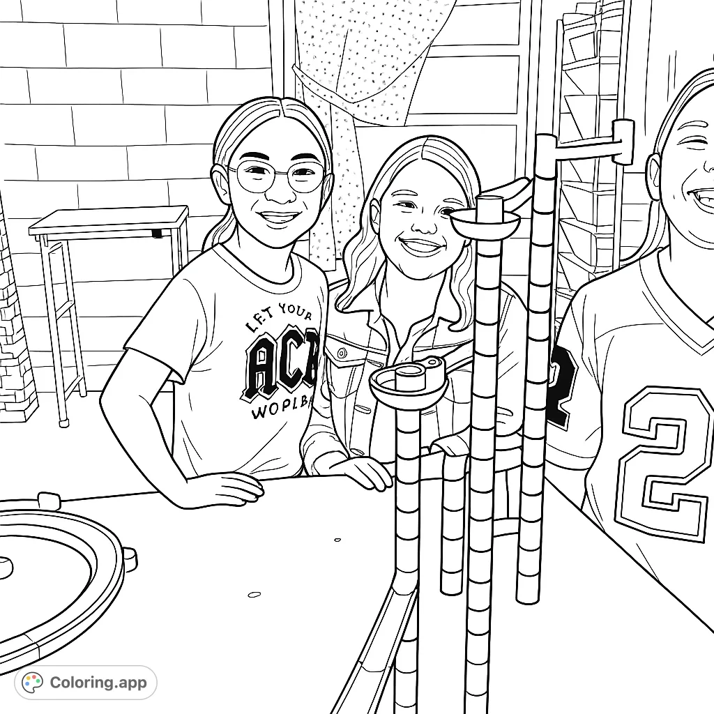 Two smiling children proudly display their impressive marble run creation in a lively classroom setting. A fun, interactive design project for aspiring engineers.