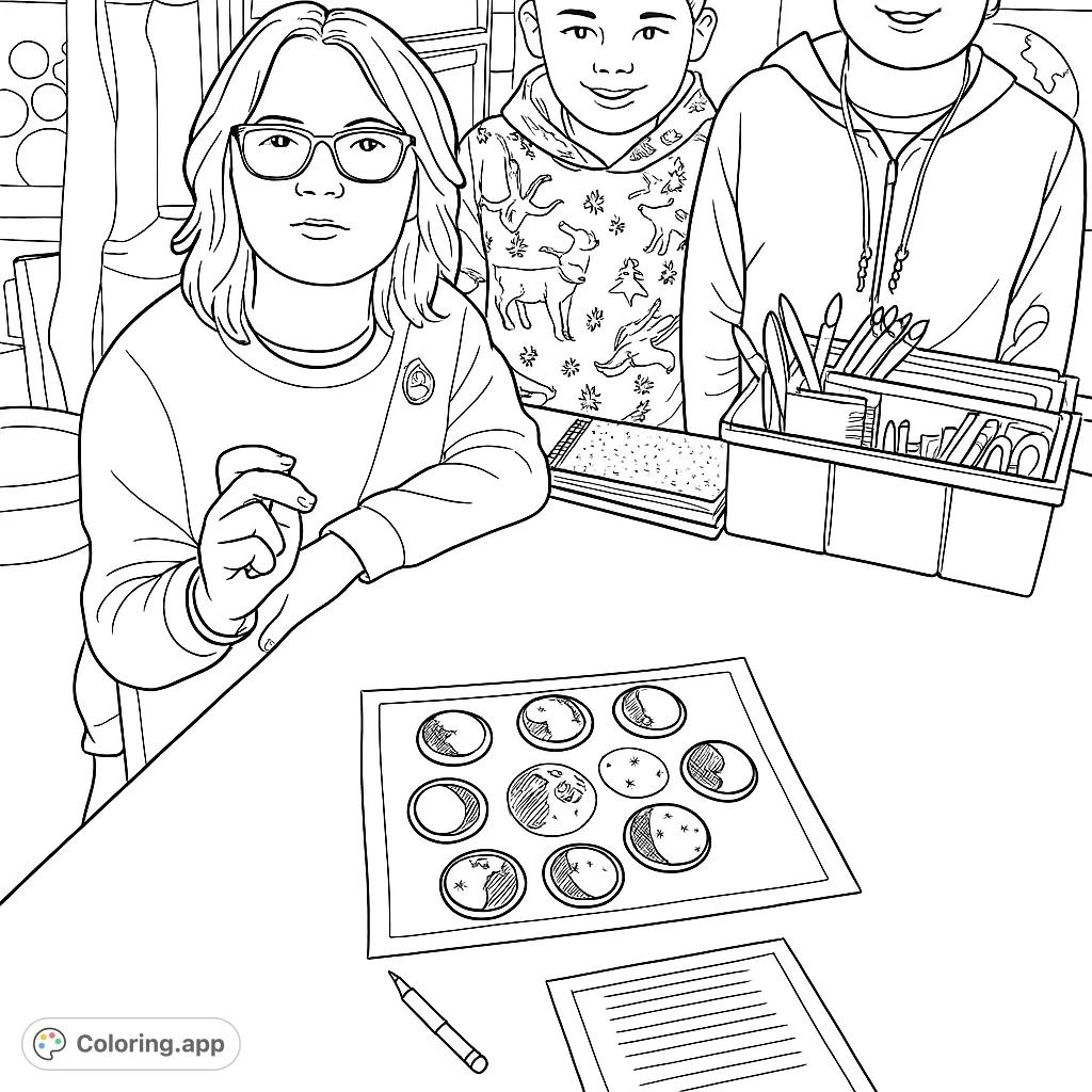 Engage in a classroom science adventure with this moon phases coloring page, featuring students, a data sheet, and school supplies for educational fun.