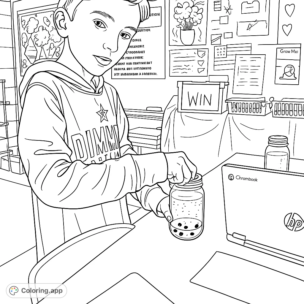 A student in a classroom engages with a science experiment, holding a jar with a laptop nearby. Features a detailed classroom background for engaging coloring.