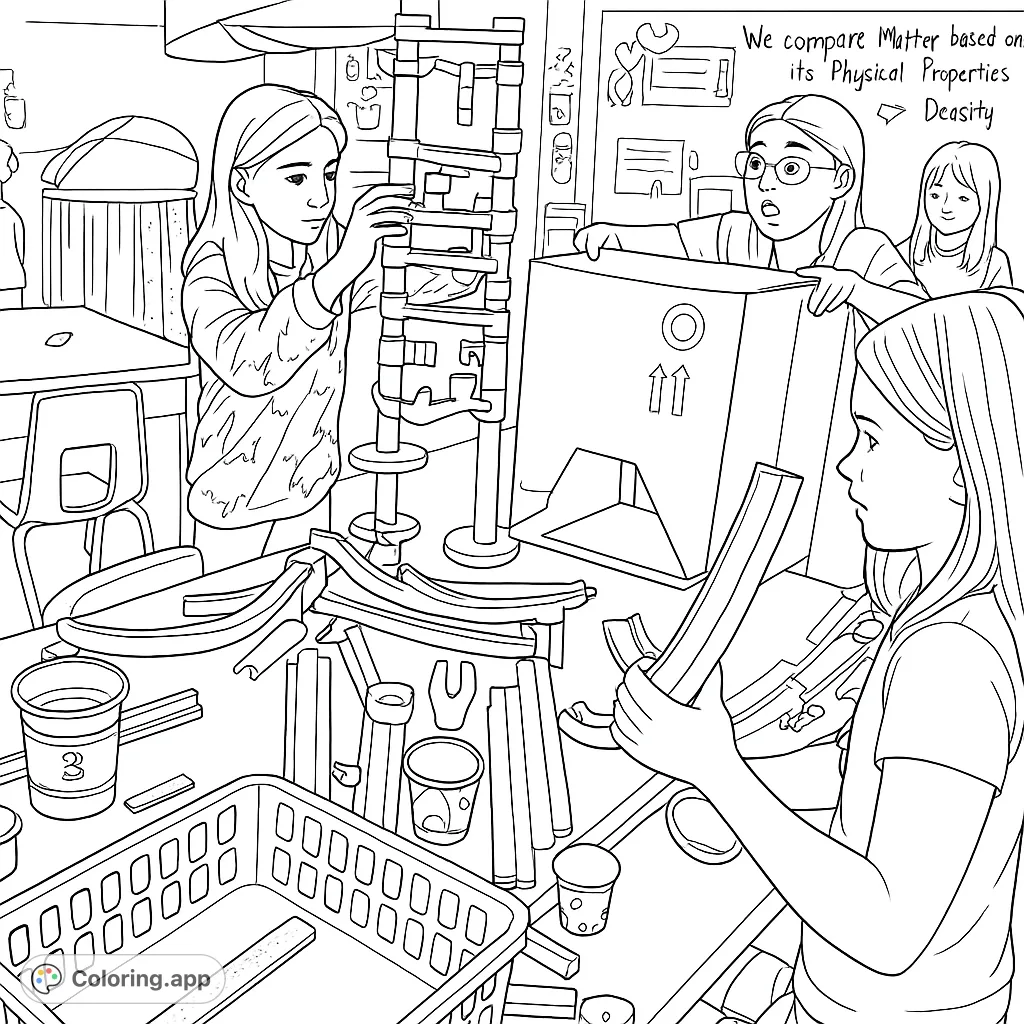 Students collaborate on exciting STEM projects, assembling intricate tracks and structures in a lively classroom. Inspire creativity and learning with this detailed scene.