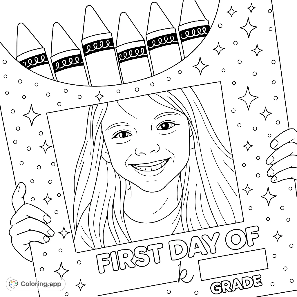 A joyful child smiles from a special "First Day" frame, surrounded by crayons and stars. Perfect for celebrating new beginnings and school adventures!