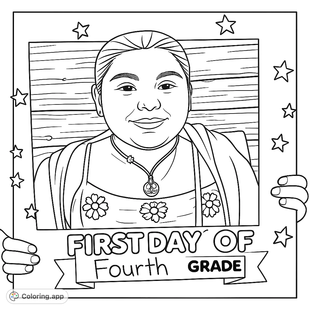 Celebrate the first day of fourth grade with this delightful coloring page, featuring a smiling child peeking through a star-decorated frame.