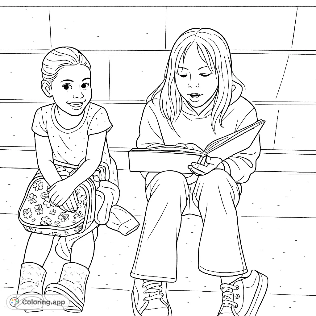 Two cheerful girls share a moment, one reading a captivating book while her friend smiles. A heartwarming scene promoting friendship and the joy of stories.