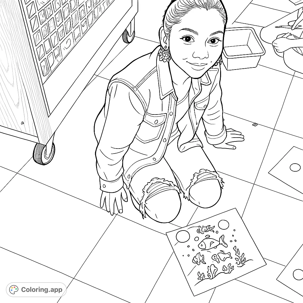 A smiling girl kneels next to her planetary model craft. This engaging coloring page captures a moment of creative learning and joy, perfect for young artists.