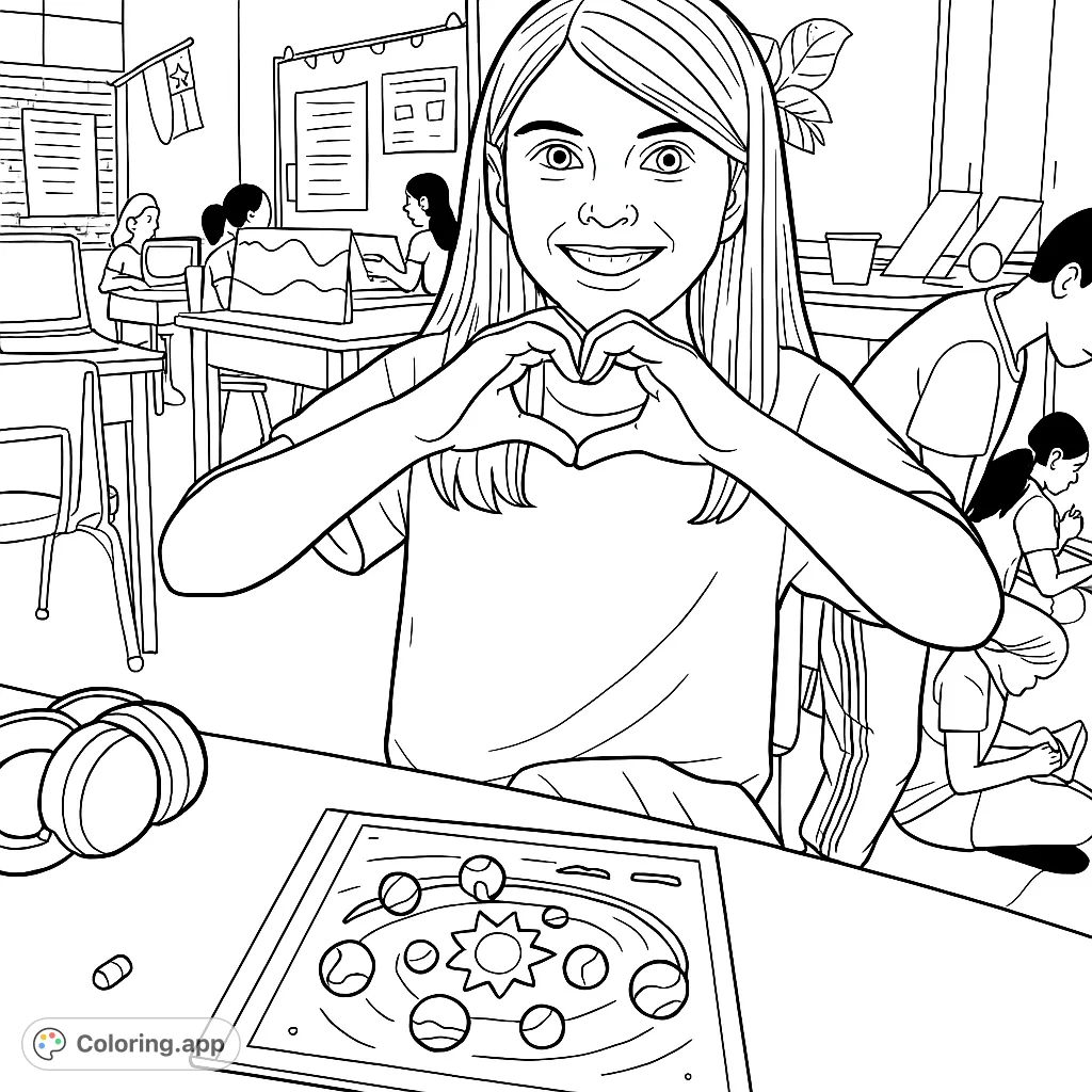 A cheerful girl makes a heart gesture, showcasing her solar system project in a busy classroom. Perfect for young aspiring scientists and art lovers.