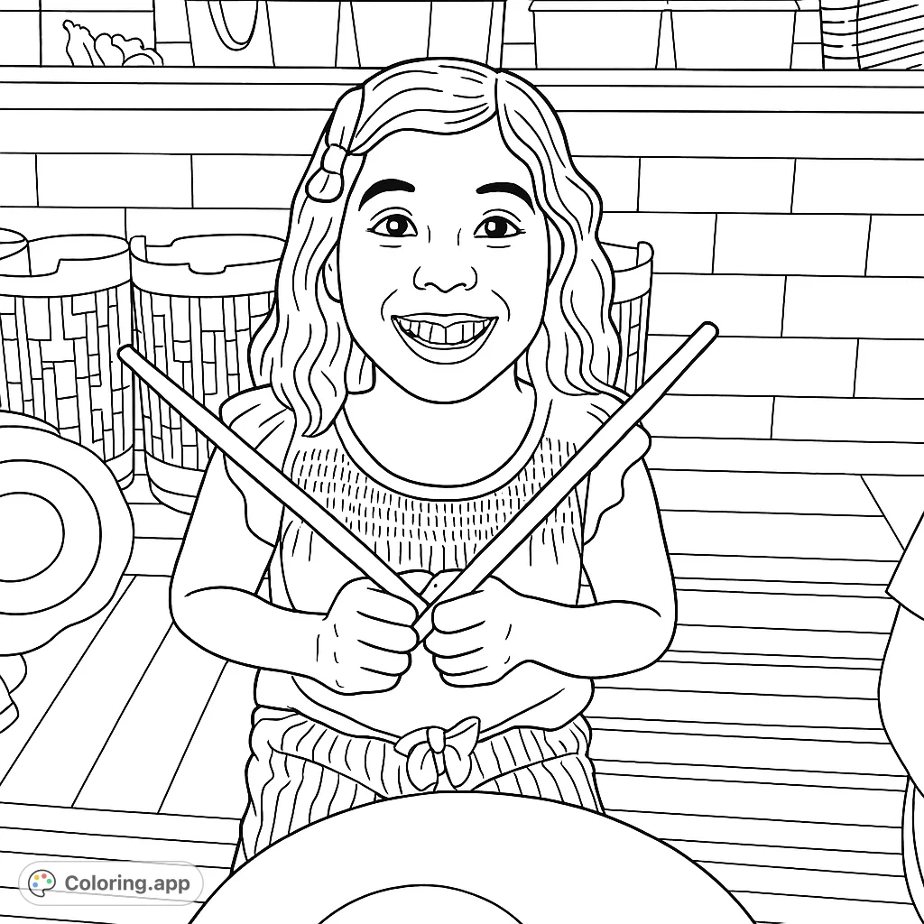 Capture the pure joy of a young girl with drumsticks, ready to create music. This delightful music coloring page invites creativity and fun.