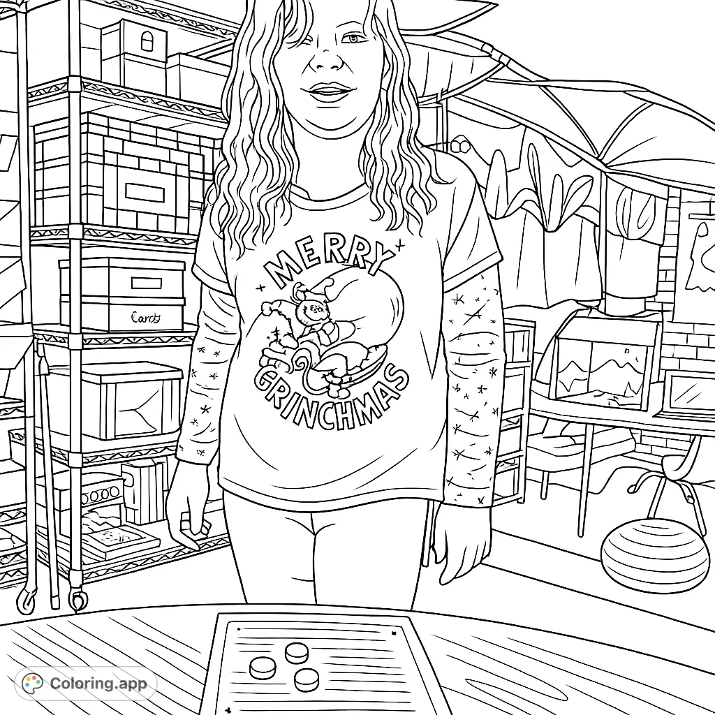 Unwrap holiday joy with this Merry Grinchmas coloring page featuring a student in a festive shirt amidst a classroom setting, surrounded by detailed elements.