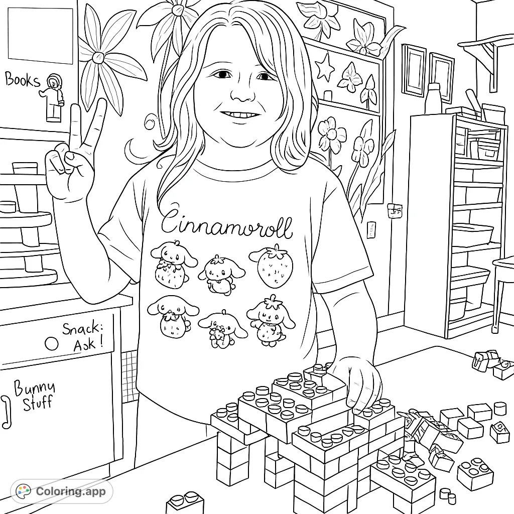 A delightful coloring page featuring a child with a Cinnamoroll shirt, building with blocks in a cheerful, decorated room, perfect for imaginative fun!