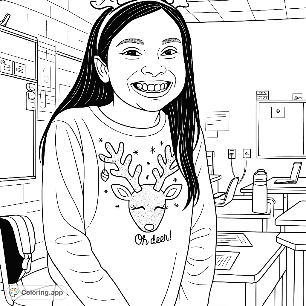 Capture the joyful spirit of a young girl wearing a delightful reindeer sweater and a festive headband. A charming holiday scene perfect for creative expression.