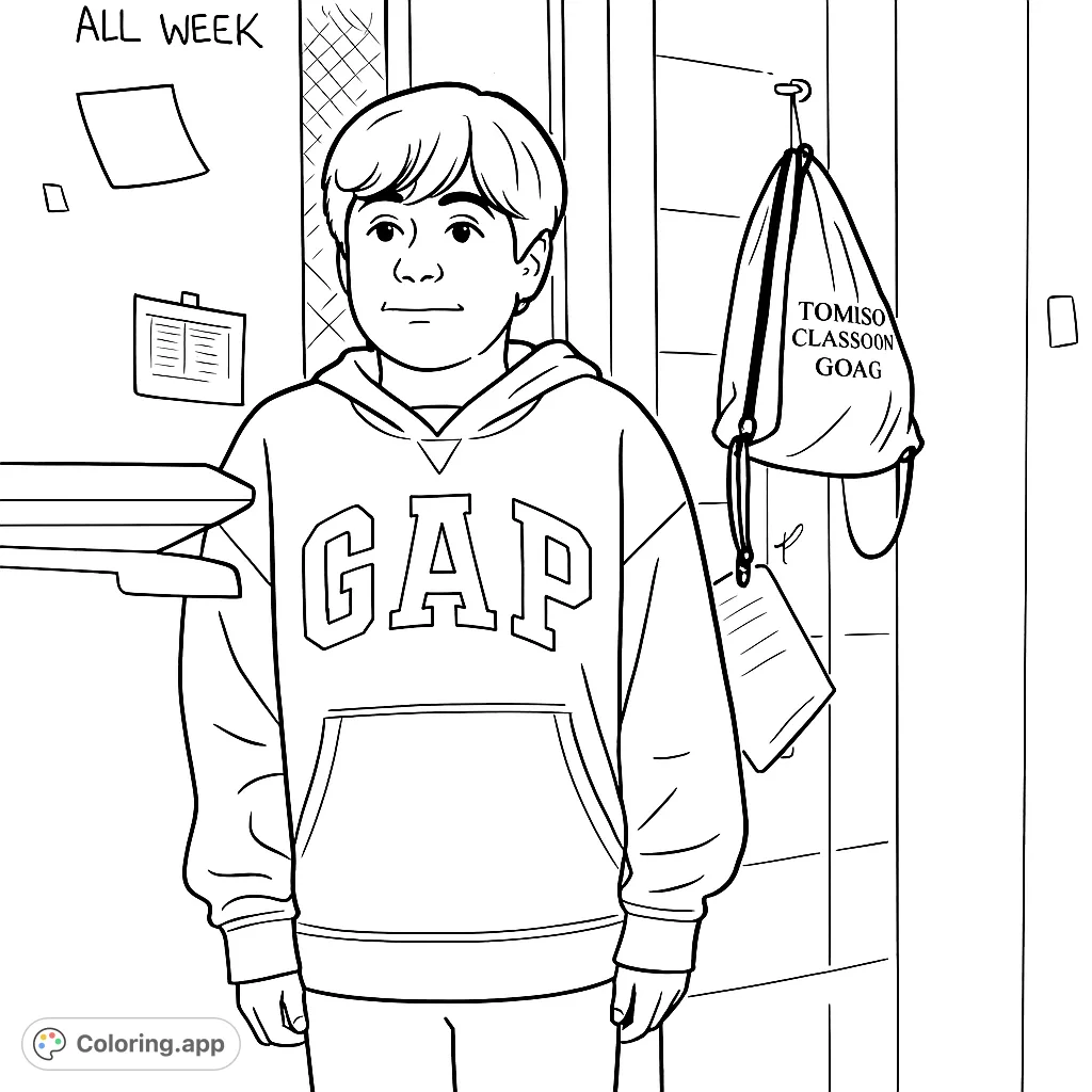 A student in a comfortable hoodie stands in a classroom setting, surrounded by everyday school elements. Perfect for a relaxing coloring session.