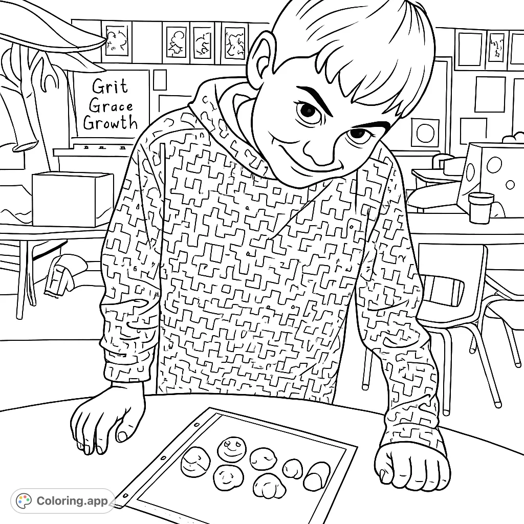 A student proudly presents a handmade solar system model in a busy classroom, perfect for budding astronomers to color.