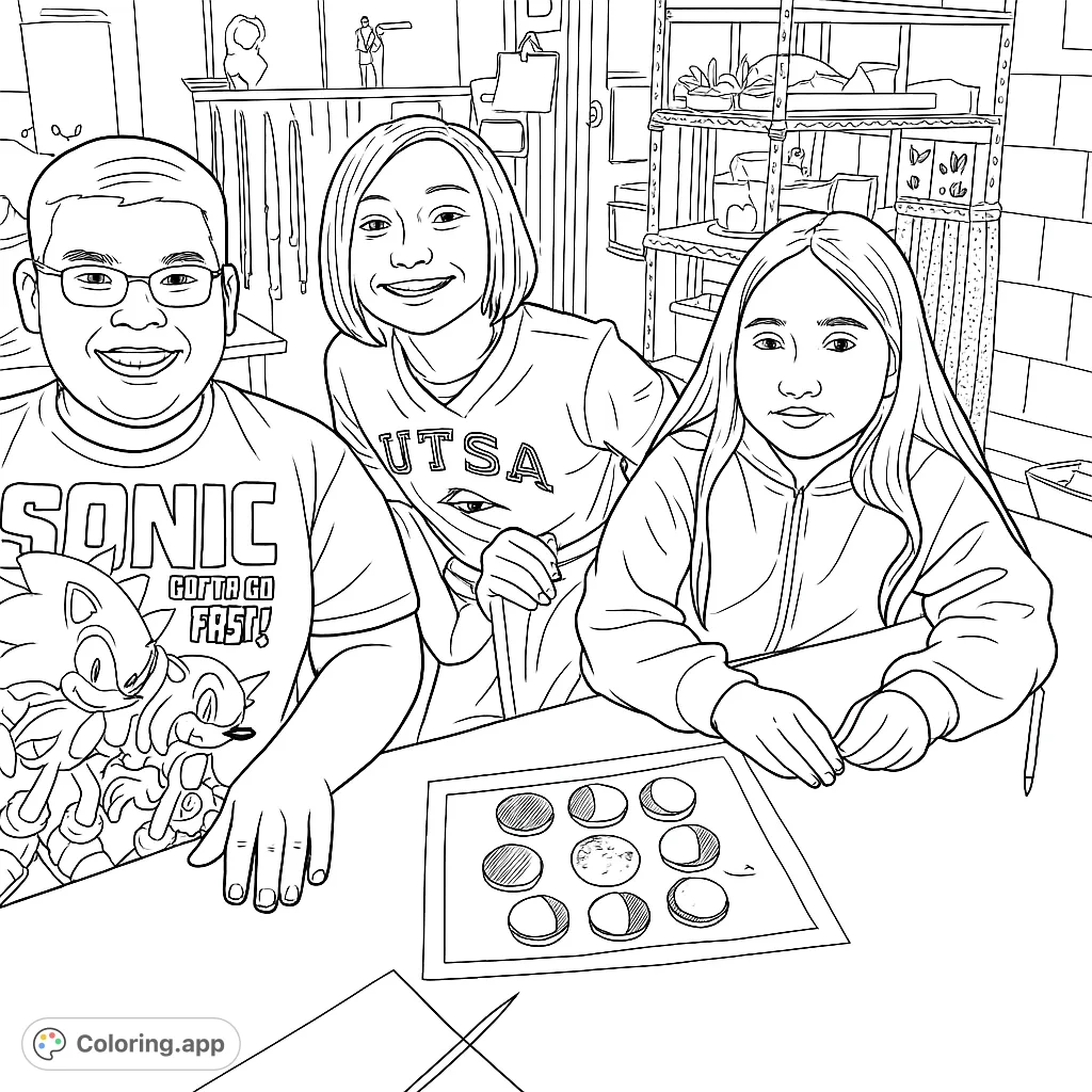 Engage with this free printable students in classroom coloring page. Features three smiling students and a science activity sheet.