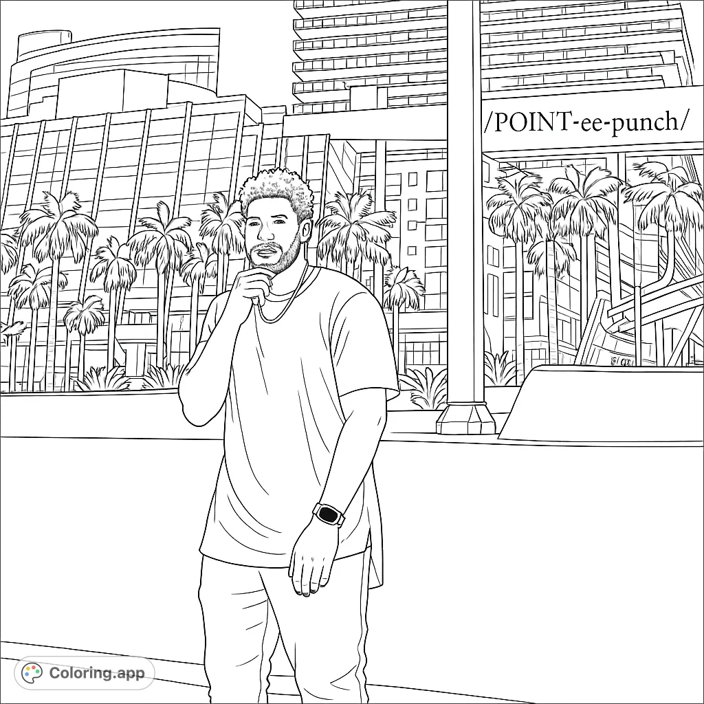 Color a modern urban scene featuring a man against a backdrop of striking city architecture and palm trees, perfect for city life enthusiasts.
