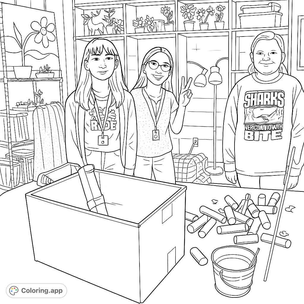 A vibrant scene featuring three young students engaged in a hands-on project with a cardboard box and construction toys in a bustling classroom filled with art.