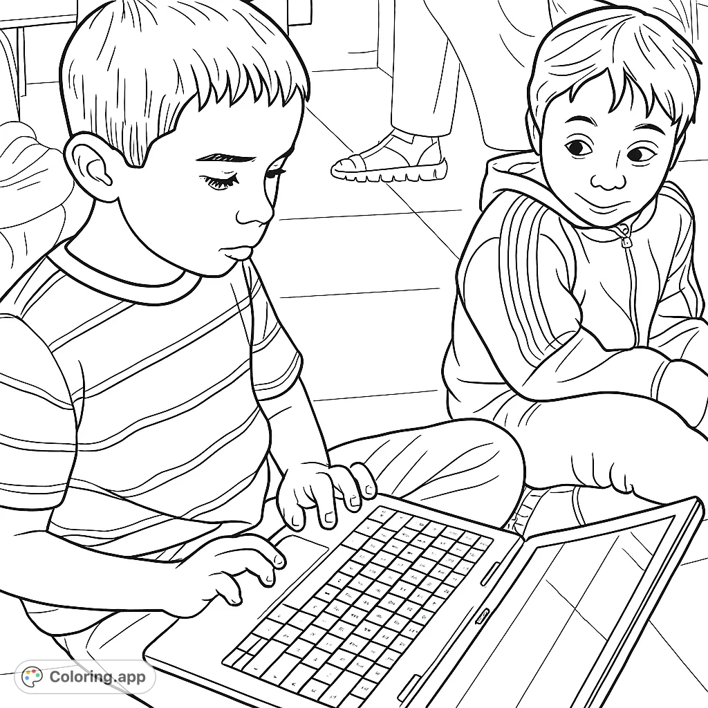 Two young boys intently engaged with a laptop, exploring and learning together. A perfect scene depicting childhood curiosity and modern education.