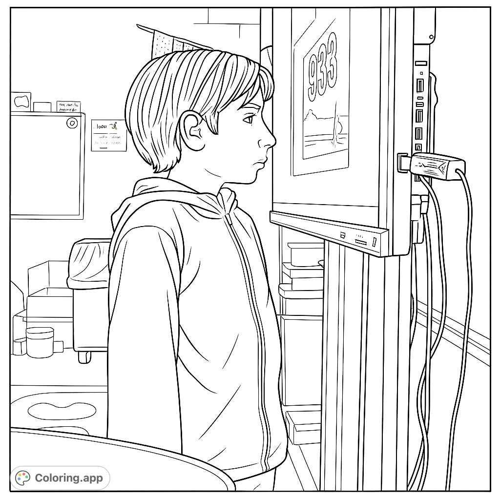 A young person attentively viewing a large interactive screen in a classroom setting, perfect for educational or everyday scenes.