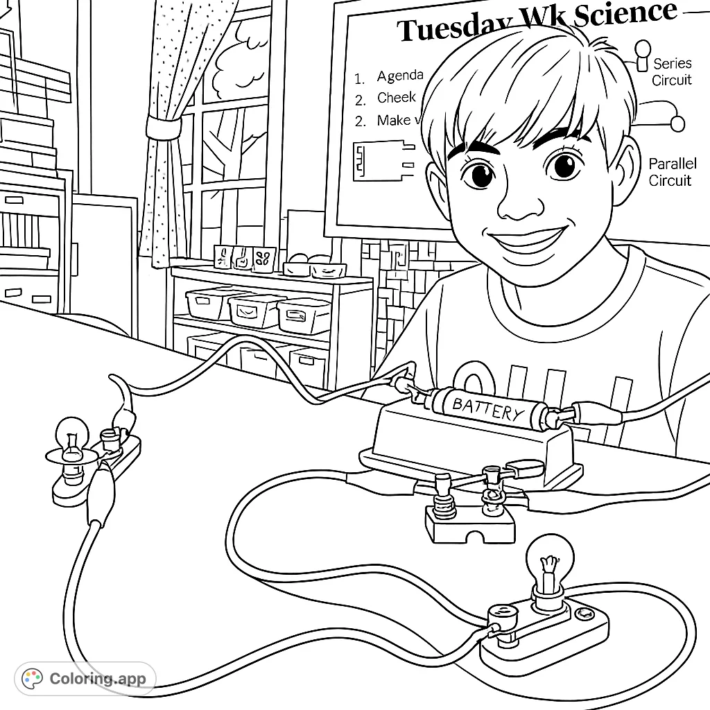 Explore a classroom science experiment! This engaging coloring page features a smiling student with his electrical circuit and a detailed classroom background.