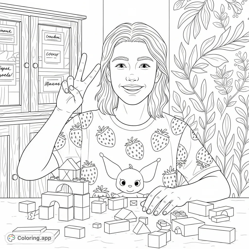 A joyful young person with flowing hair and a unique t-shirt makes a peace sign, surrounded by building blocks and a charming, detail-rich background.