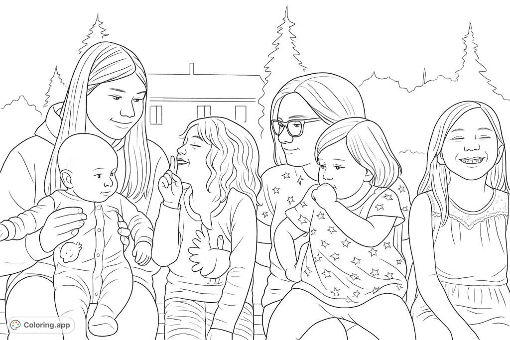 A heartwarming scene featuring five cheerful children, from baby to older sibling, enjoying an outdoor gathering. Perfect for family-themed coloring.