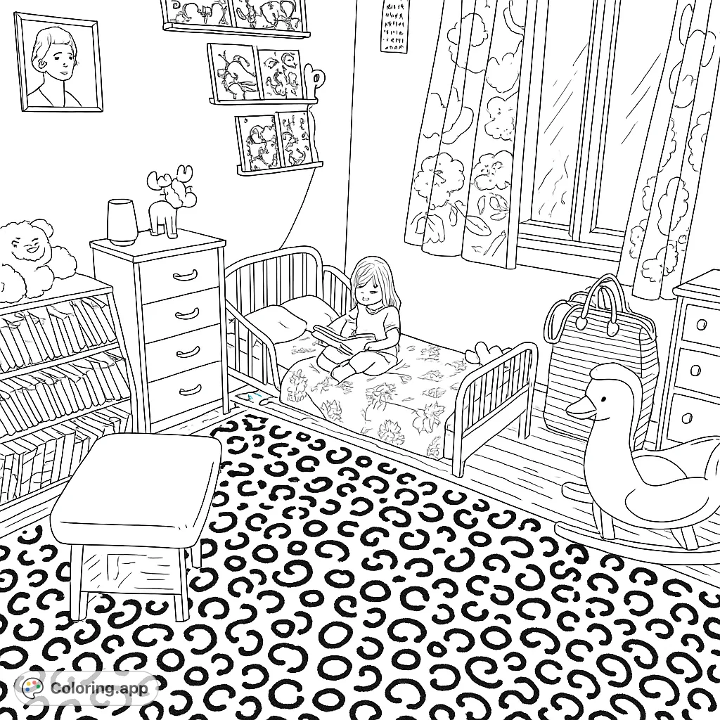 A detailed coloring page of a child's cozy bedroom, featuring a toddler on a bed, an animal print rug, books, and various toys. Perfect for imaginative play.