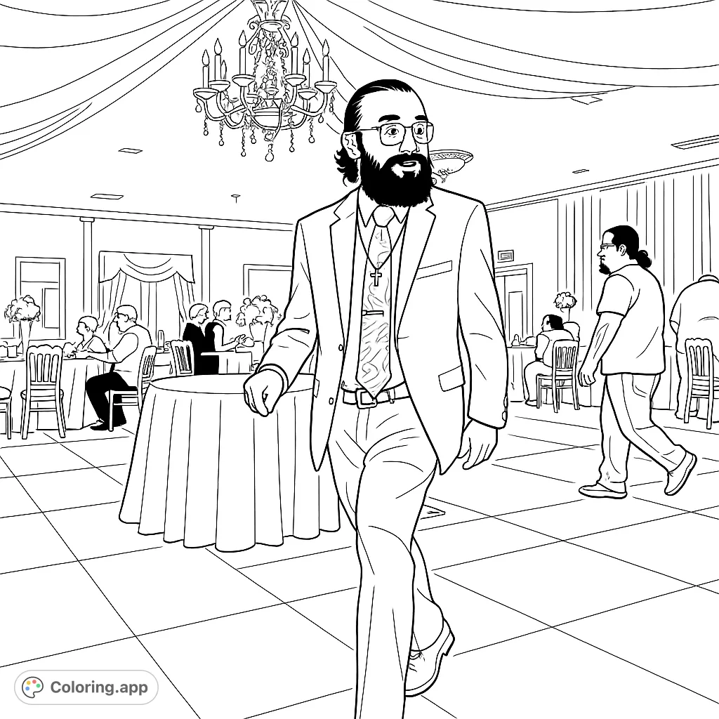 Step into a world of sophistication with this elegant formal event coloring page featuring a distinguished figure amidst grand decor and guests.
