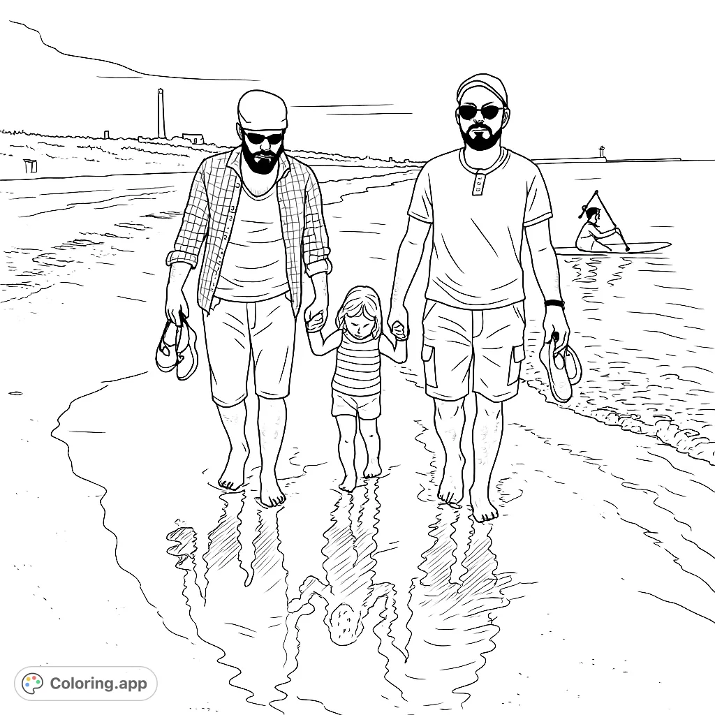 A heartwarming beach scene features two adults and a child walking hand-in-hand along the shore, with reflections on the wet sand. A distant paddleboarder adds to the serene coastal view.