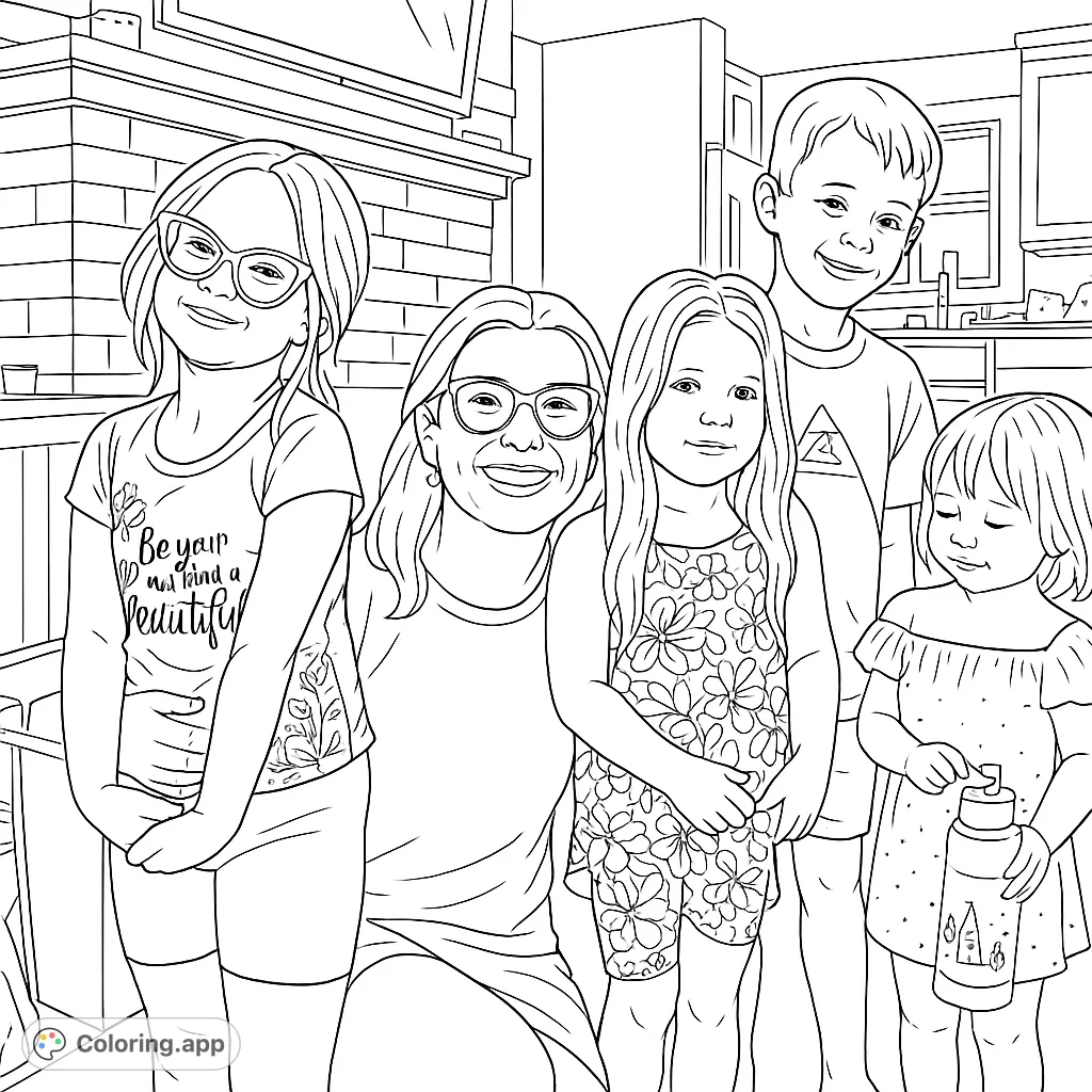 Capture a joyful family moment with this happy group portrait coloring page. Features an adult and four children in a cozy indoor setting.