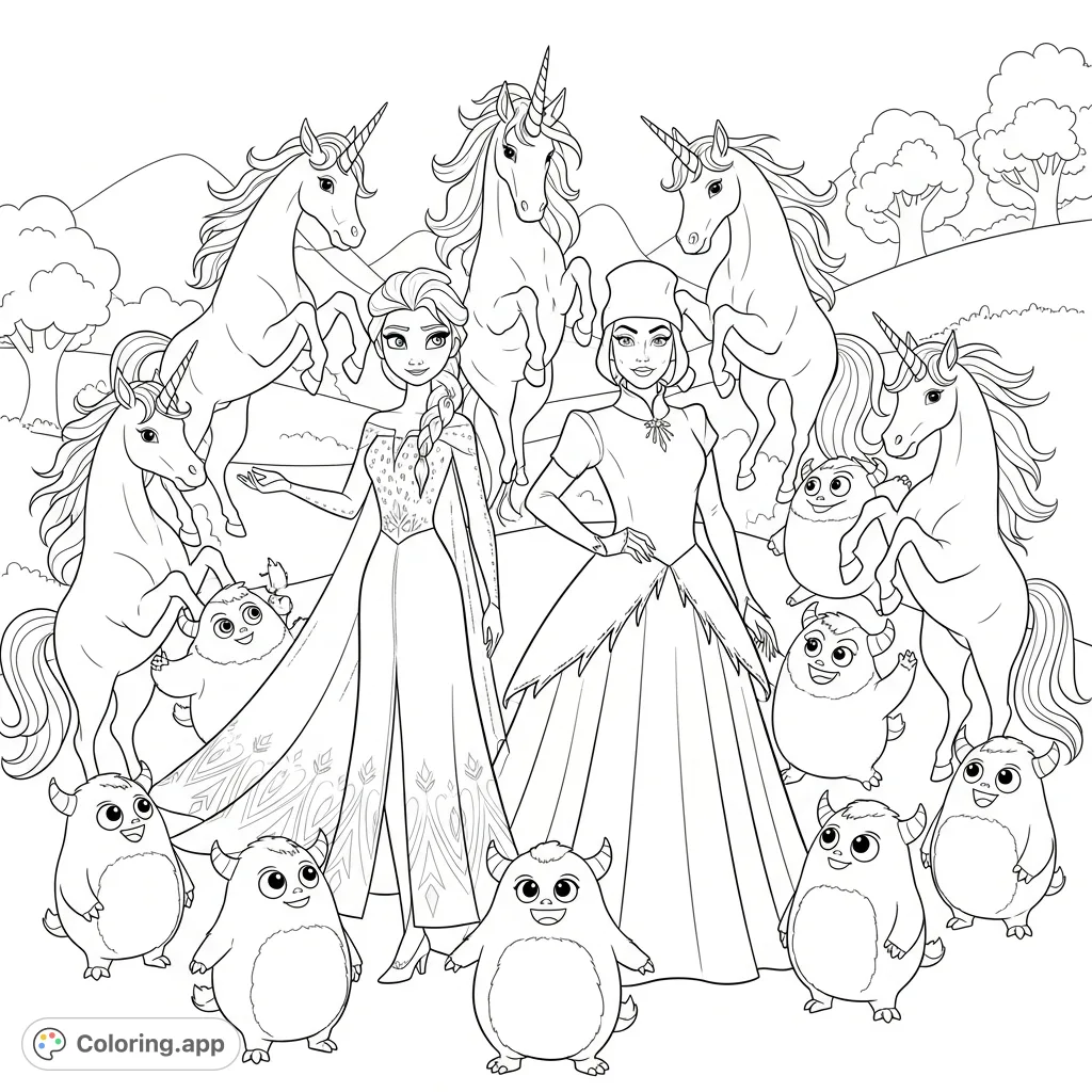 Discover a whimsical scene featuring Elsa and Elphaba alongside cute monsters and enchanting unicorns, perfect for a fantastical coloring adventure.