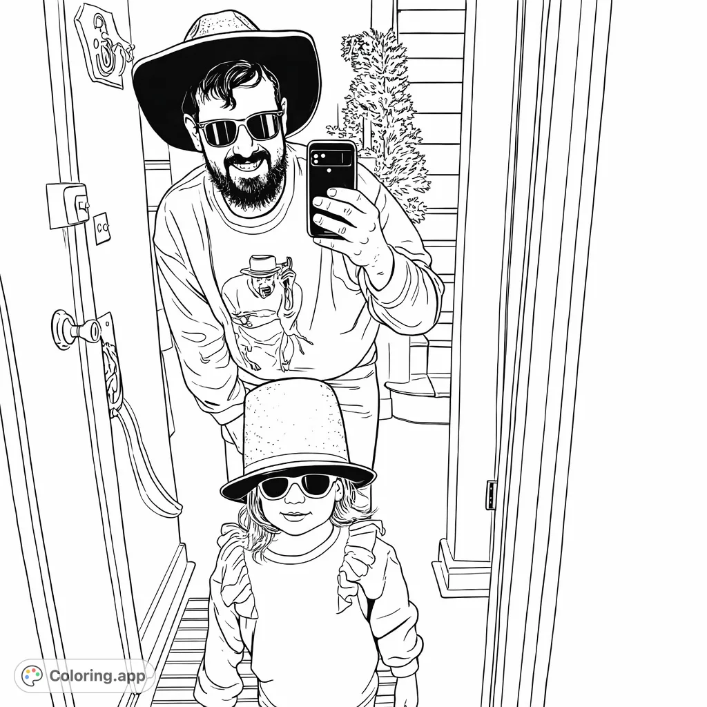 Capture a delightful moment with this mirror selfie coloring page, featuring a person in a wide-brimmed hat and a child in an oversized top hat.