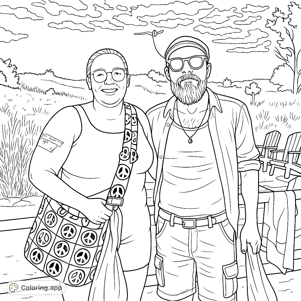 Color a charming outdoor portrait featuring a friendly couple, detailed clothing, and a unique patterned bag against a scenic natural backdrop.